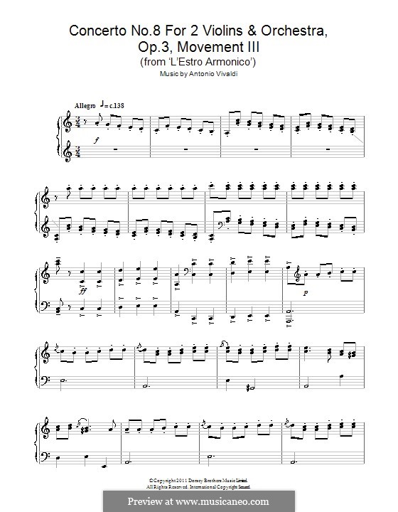 Konzert für zwei Violinen und Streicher Nr.8 in a-Moll, RV 522: Teil III. Version für Klavier by Antonio Vivaldi