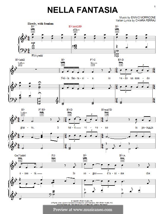 Nella Fantasia (Il Divo): Für Stimme und Klavier (oder Gitarre) by Ennio Morricone