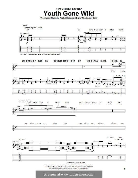 Youth Gone Wild (Skid Row): Für Gitarre mit Tabulatur by The Snake, Rachel Bolan