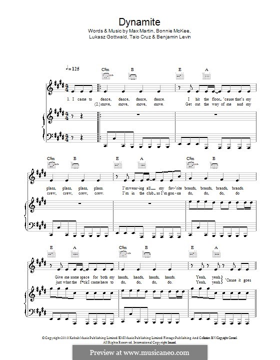Dynamite (Taio Cruz): Für Stimme und Klavier (oder Gitarre) by Benjamin Levin, Bonnie McKee, Lukas Gottwald, Max Martin