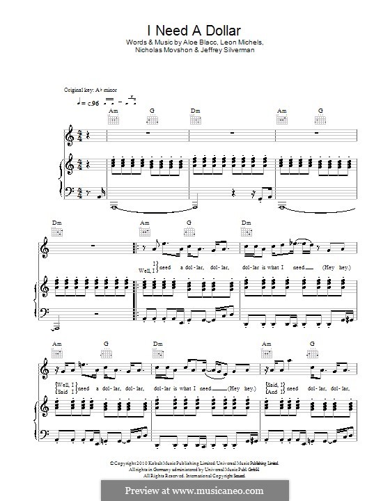 I Need a Dollar: Für Stimme und Klavier (oder Gitarre) by Aloe Blacc, Jeffrey Silverman, Leon Michels, Nicholas Movshon
