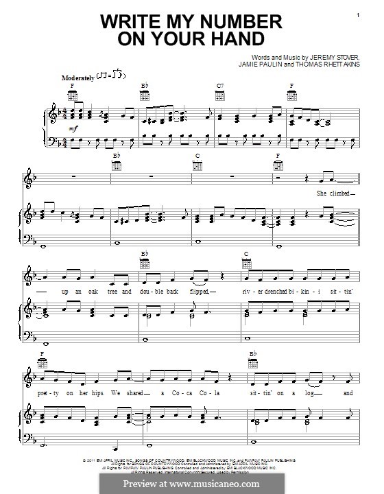 Write My Number on Your Hand (Scotty McCreery): Für Stimme und Klavier (oder Gitarre) by Jamie Paulin, Jeremy Stover, Rhett Akins