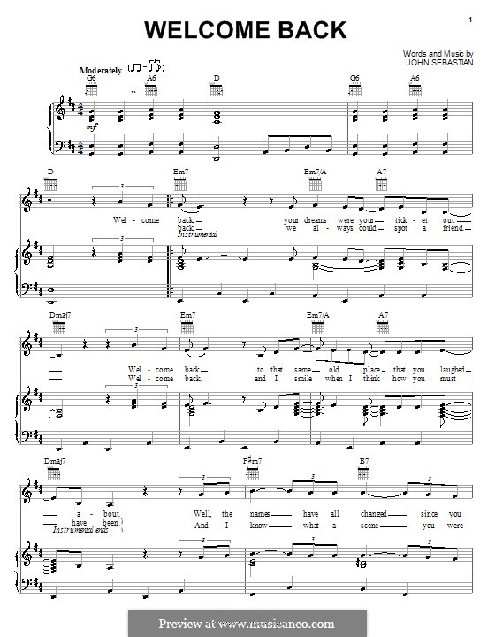 Welcome Back: Für Stimme und Klavier (oder Gitarre) by John B. Sebastian