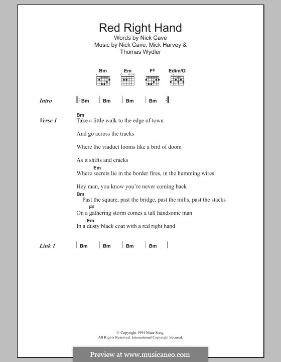 Red Right Hand von M. Harvey, N. Cave, T. Wydler Noten auf MusicaNeo