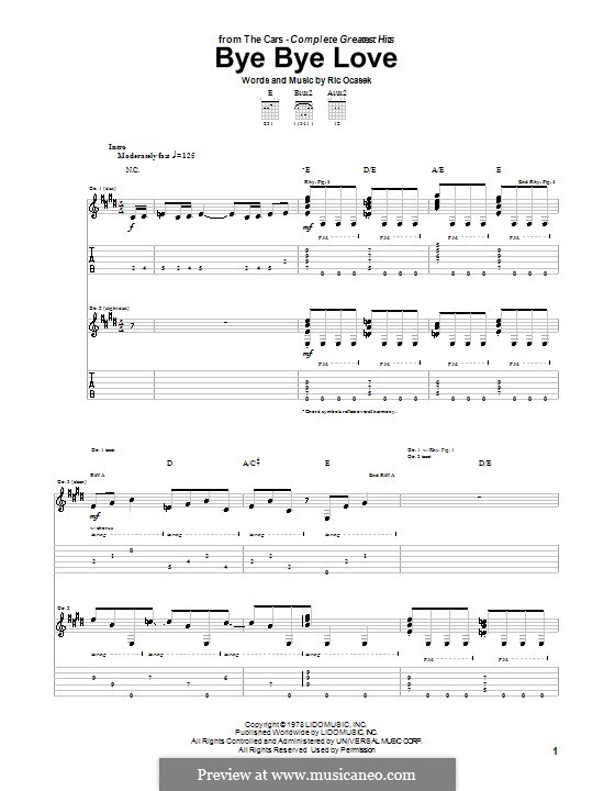 Bye Bye Love (The Cars): Für Gitarre mit Tab by Ric Ocasek