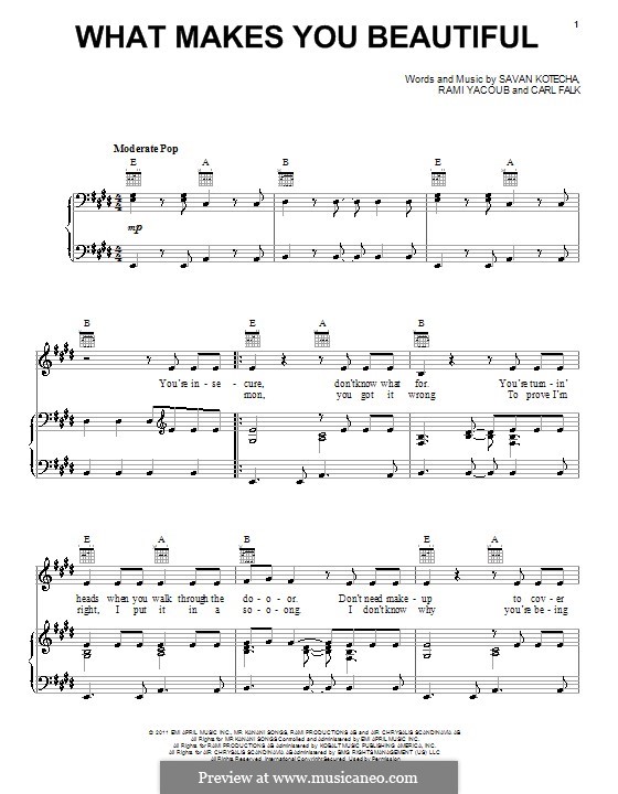 What Makes You Beautiful (One Direction): Für Stimme und Klavier (oder Gitarre) by Carl Falk, Savan Kotecha