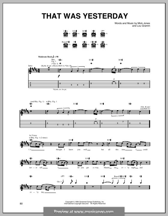 That Was Yesterday (Foreigner): Für Gitarre mit Tabulatur by Lou Gramm, Mick Jones