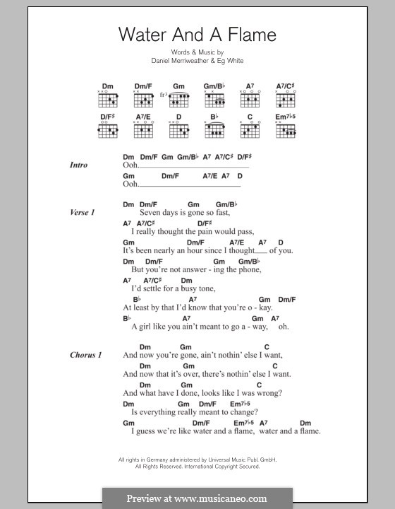 Water and a Flame: Lead sheet with chords  by Daniel Merriweather, Eg White
