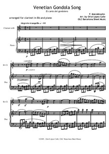 Lieder ohne Worte, Op.19b: No.6 Venezianisches Gondellied (Venetian Gondola Song), for clarinet and piano by Felix Mendelssohn-Bartholdy