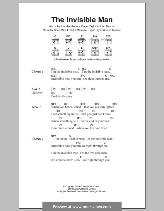 The Invisible Man (Queen): Text und Akkorde by Brian May, Freddie Mercury, John Deacon, Roger Taylor