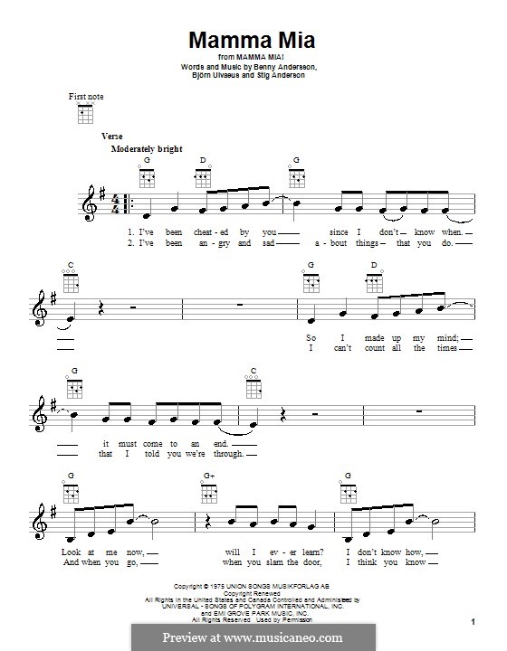 Mamma Mia (ABBA): Für Ukulele by Benny Andersson, Björn Ulvaeus, Stig Anderson