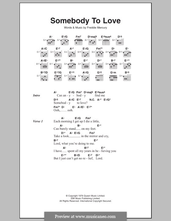 Somebody to Love (Queen): Text und Akkorde by Freddie Mercury