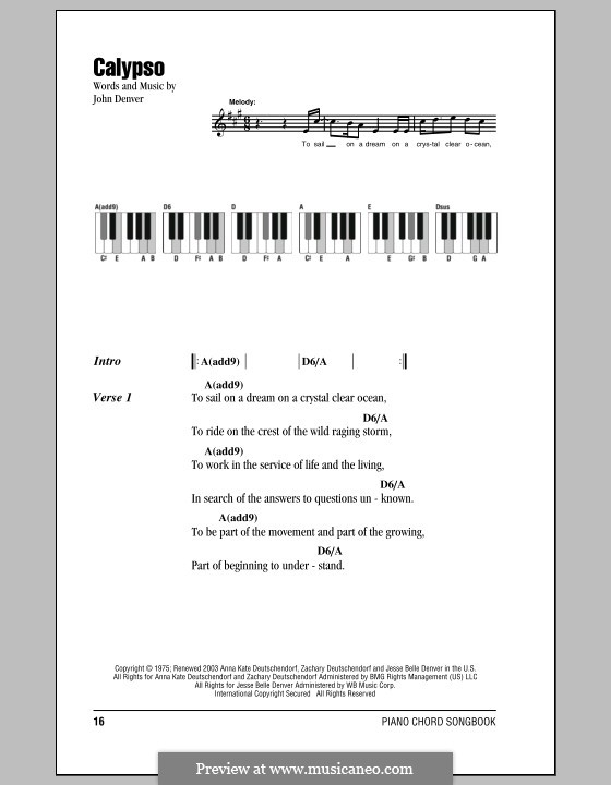 Calypso: Text und Akkorde by John Denver