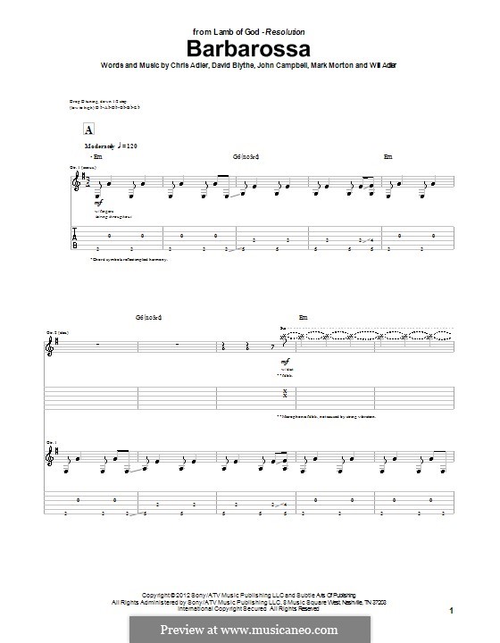 Barbarossa (Lamb of God): Für Gitarre mit Tab by Chris Adler, David Blythe, John Campbell, Mark Morton, Will Adler