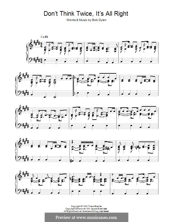 Don't Think Twice, It's Alright: Für Klavier by Bob Dylan