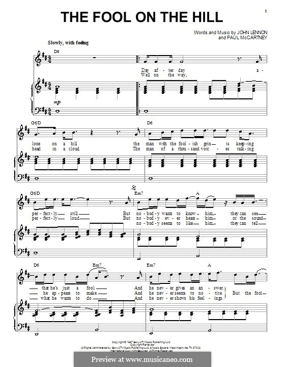 The Fool on the Hill (The Beatles): Für Stimme und Klavier by John Lennon, Paul McCartney