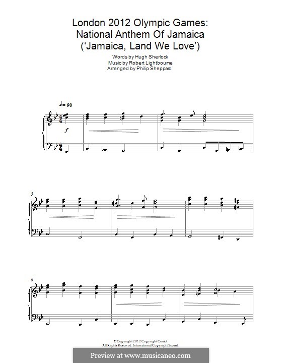 National Anthem of Jamaica ('Jamaica, Land We Love'): Für Klavier by Robert Lightbourne