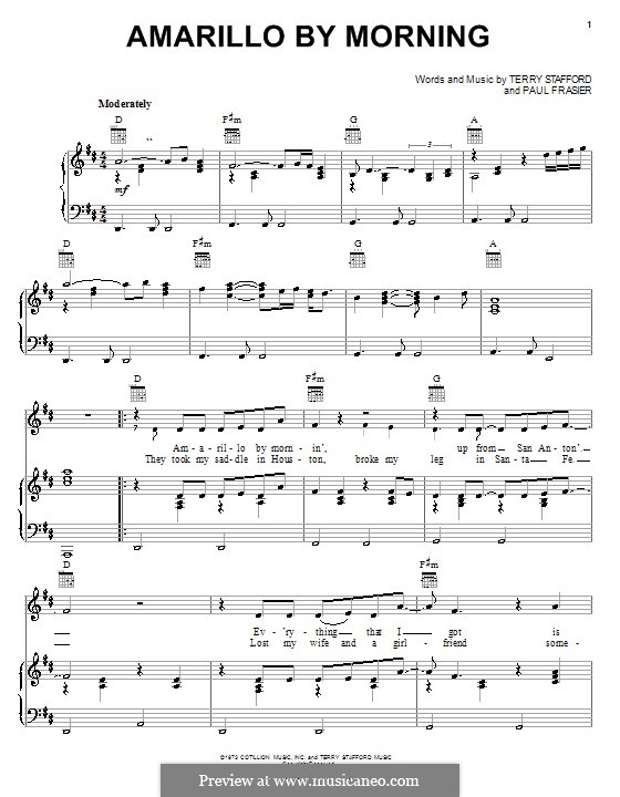 Amarillo By Morning (George Strait): Für Stimme und Klavier (oder Gitarre) by Paul Fraser, Terry Stafford
