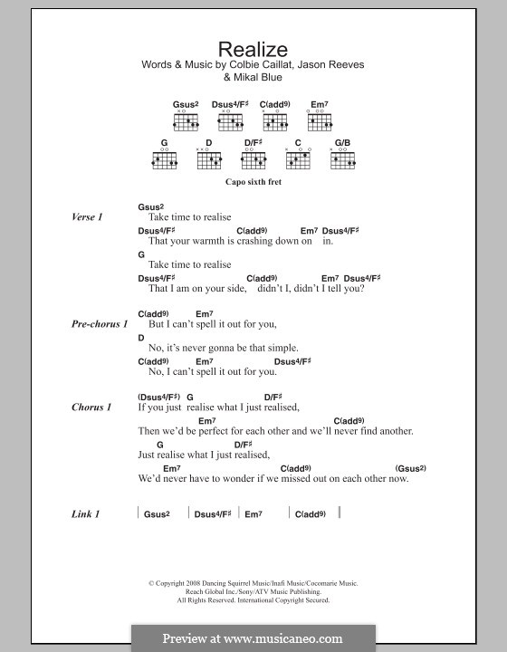 Realize: Lead sheet by Colbie Caillat, Jason Reeves, Mikal Blue