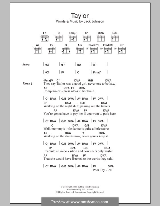 Taylor: Lead sheet by Jack Johnson