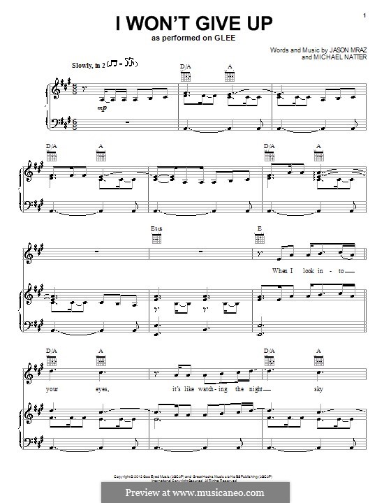 I Won't Give Up: Für Stimme und Klavier (oder Gitarre) by Jason Mraz, Michael Natter