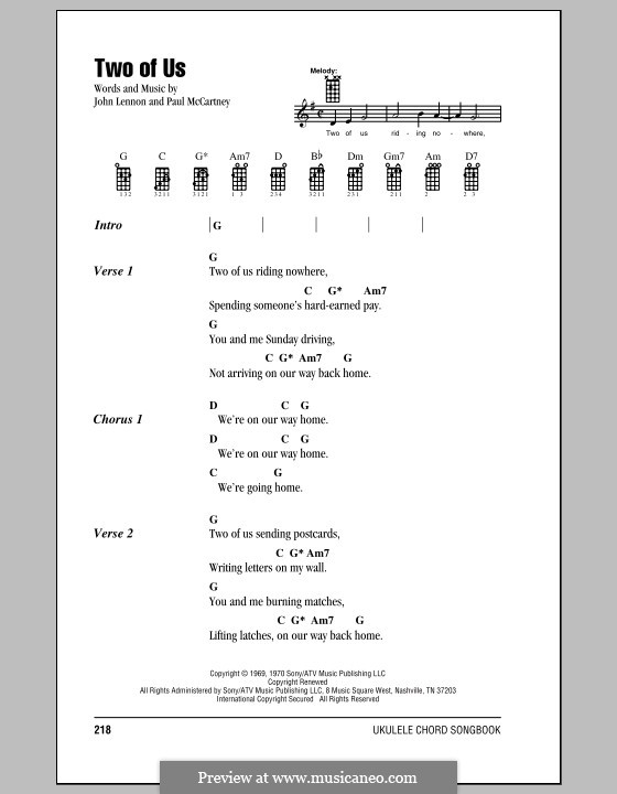 Two of Us (The Beatles): Für Ukulele by John Lennon, Paul McCartney