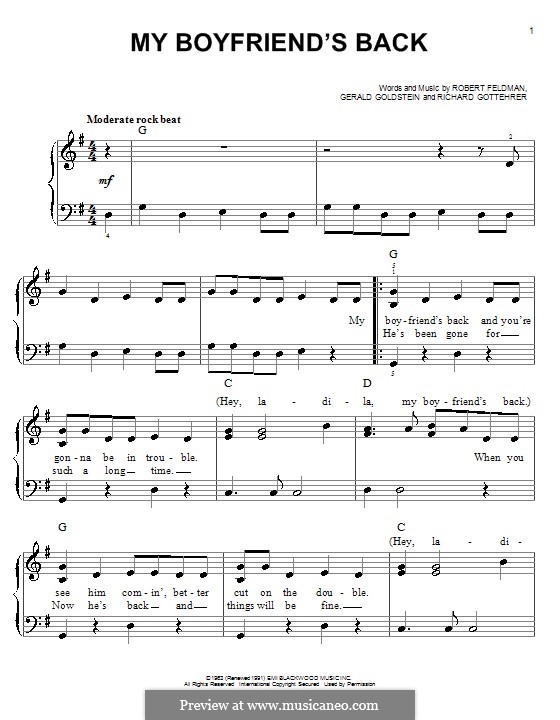 My Boyfriend's Back (The Angels): Für Klavier by Gerald Goldstein, Richard Gottehrer, Robert Feldman