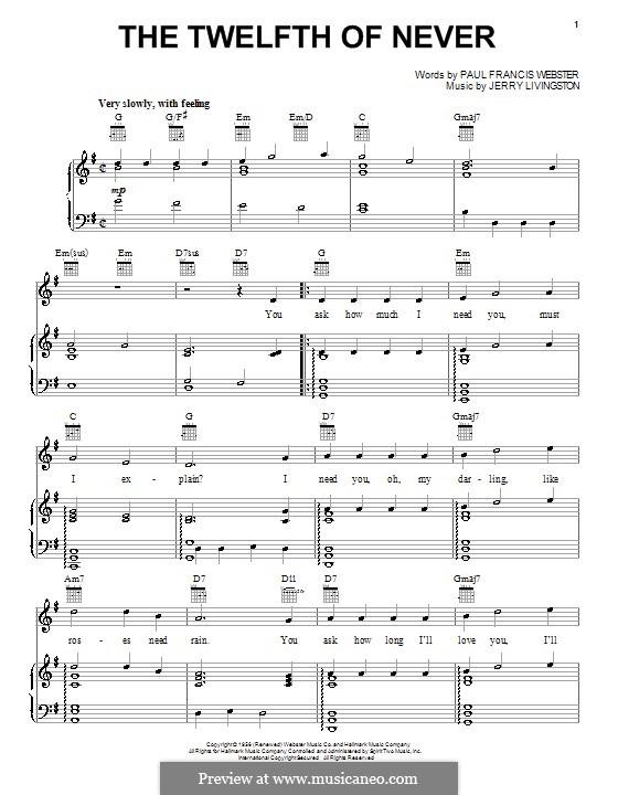The Twelfth of Never (Jeff Buckley): Für Stimme und Klavier (oder Gitarre) by Jerry Livingston