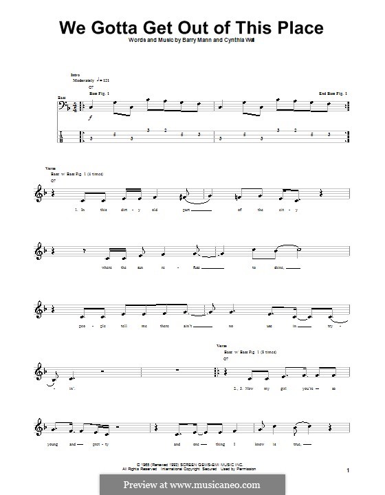 We Gotta Get Out of This Place (The Animals): Für Bassgitarre mit Tabulatur by Barry Mann, Cynthia Weil