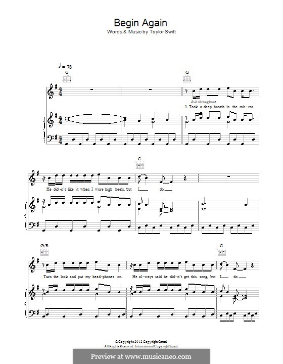 Begin Again: Für Stimme und Klavier (oder Gitarre) by Taylor Swift
