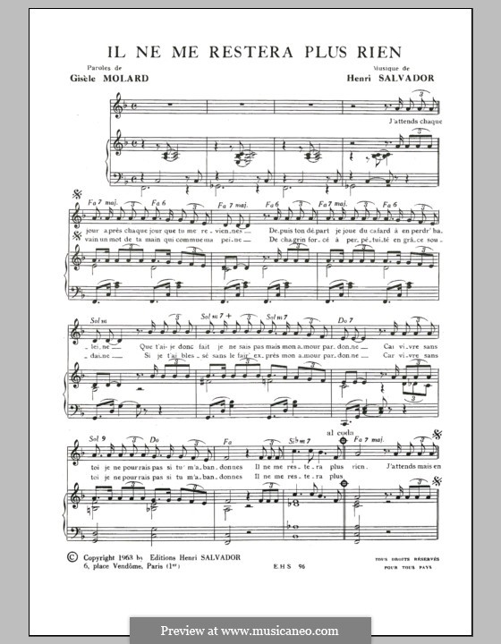 Il Ne Me Restera Plus Rien von H. Salvador Noten auf MusicaNeo