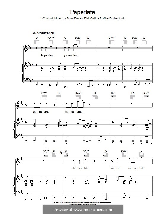 Paperlate (Genesis): Für Stimme und Klavier (oder Gitarre) by Tony Banks, Mike Rutherford, Phil Collins