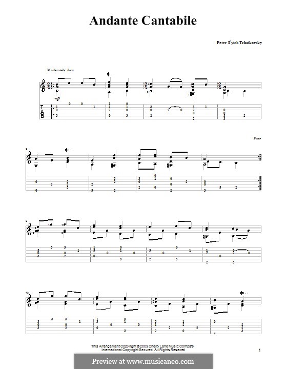 Streichquartett Nr.1 in D-Dur, TH 111 Op.11: Movement II, for guitar (with tablature) by Pjotr Tschaikowski