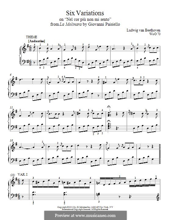 Sechs Variationen über 'Nel cor più non mi sento' aus 'La Molinara' von G.Paisiello, WoO70: Für Klavier by Ludwig van Beethoven