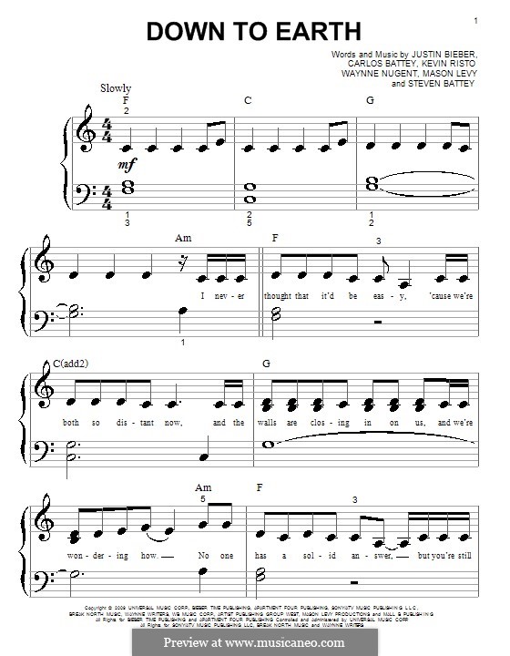 Down to Earth: Für Klavier by Carlos Battey, Justin Bieber, Kevin Risto, Mason Levy, Steven Battey, Waynne Nugent