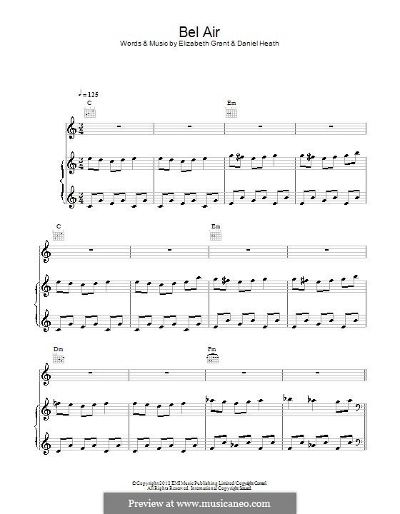Bel Air (Lana Del Rey): Für Stimme und Klavier (oder Gitarre) by Elizabeth Grant, Daniel Heath