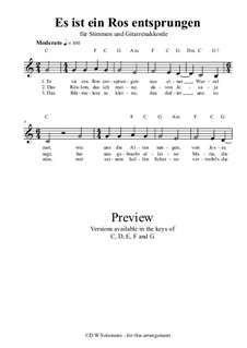 Es ist ein Ros entsprungen: For unison voices and guitar chords by Michael Praetorius