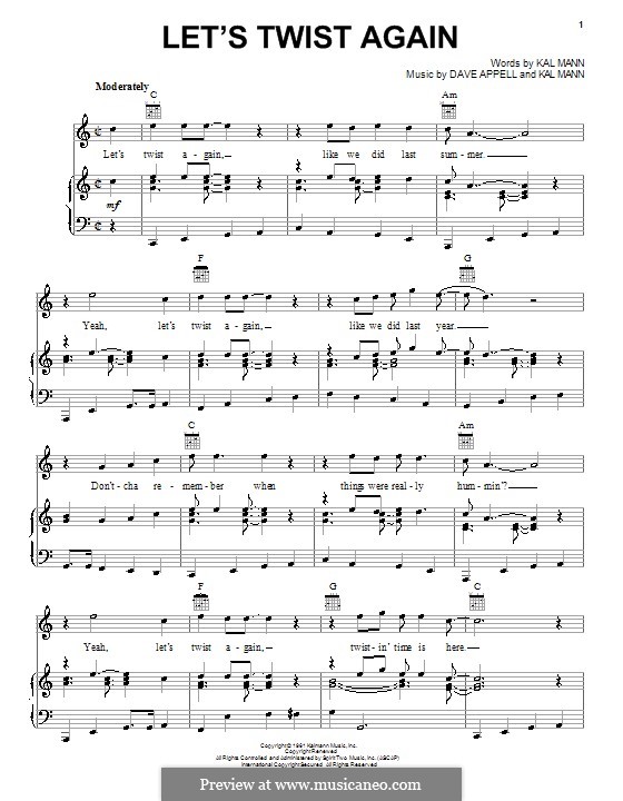 Let's Twist Again (Chubby Checker): Für Stimme und Klavier (oder Gitarre) by Dave Appell, Kal Mann