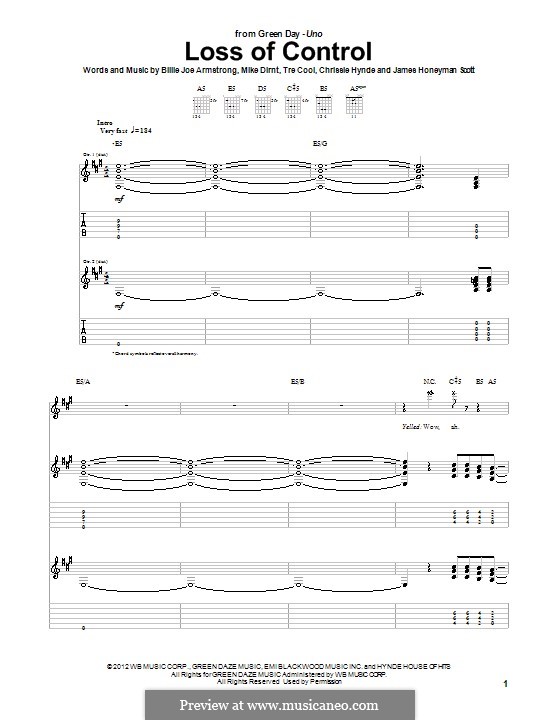 Loss of Control (Green Day): Guitar tablature by Billie Joe Armstrong, Chrissie Hynde, Tré Cool, James Honeyman-Scott, Mike Dirnt