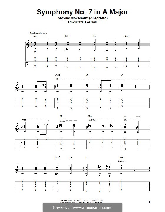 Movement II (Printable scores): Thema. Version für Gitarre mit Tab by Ludwig van Beethoven