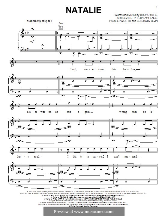 Natalie: Für Stimme und Klavier (oder Gitarre) by Ari Levine, Benjamin Levin, Paul Epworth, Bruno Mars, Philip Lawrence