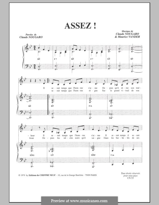 Assez: Für Stimme und Klavier by Claude Nougaro, Maurice Vanderschueren