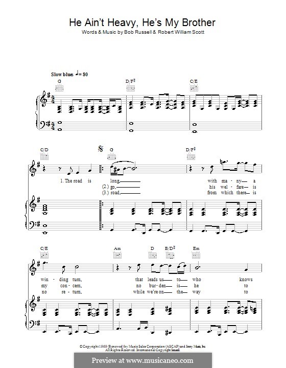 He Ain't Heavy, He's My Brother: Für Stimme und Klavier (oder Gitarre) by Bobby Scott