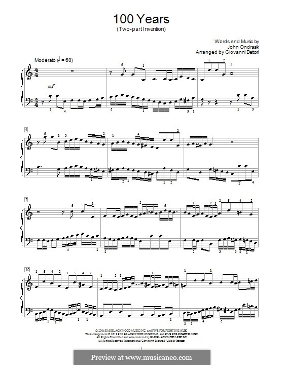 100 Years (Five for Fighting): Für Klavier by John Ondrasik