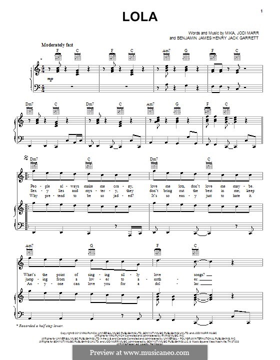 Lola: Für Stimme und Klavier (oder Gitarre) by Mika, Jodi Marr