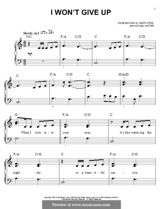 I Won't Give Up: Für Klavier by Jason Mraz, Michael Natter