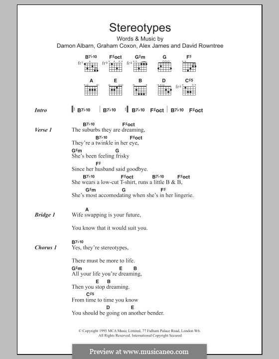 Stereotypes (Blur): Texte und Akkorde by Alex James, Damon Albarn, David Rowntree, Graham Coxon