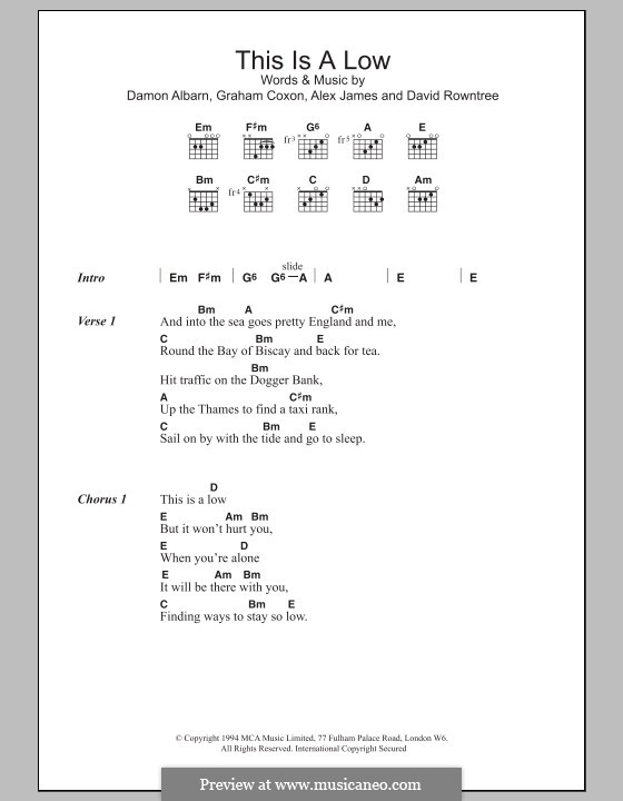 This Is a Low (Blur): Texte und Akkorde by Alex James, Damon Albarn, David Rowntree, Graham Coxon
