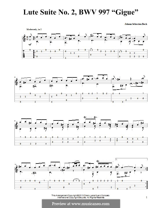 Suite für Laute (oder Cembalo), BWV 997: Gigue. Version für Gitarre mit Tab by Johann Sebastian Bach