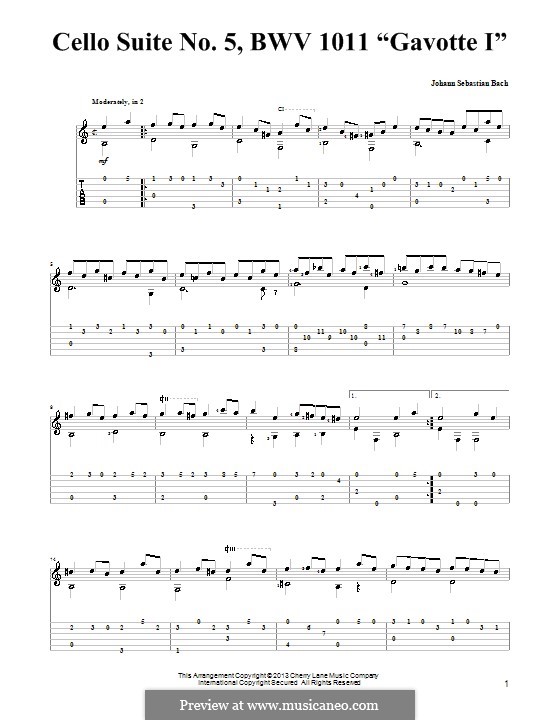 Suite für Cello Nr.5 in c-Moll, BWV 1011: Gavotte I. Version für Gitarre mit Tab by Johann Sebastian Bach